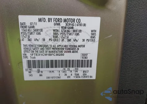 2011 Ford F-150 Xlt из США, поврежденный, VIN 1FTEX1CM1BFC30250